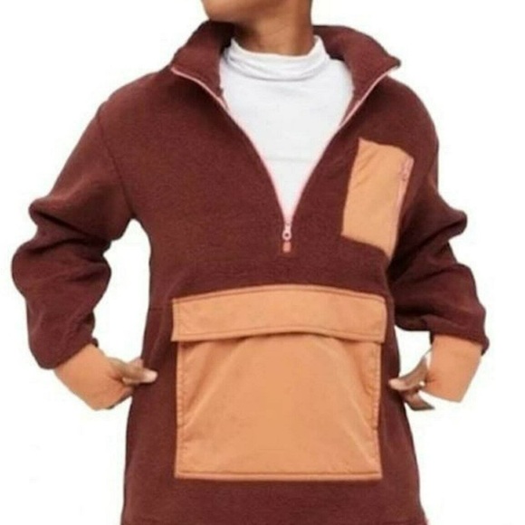 Aerie Offline Burgundy Orange Pink Pullover Sherpa Quarter Zip Pockets M - Picture 1 of 7
